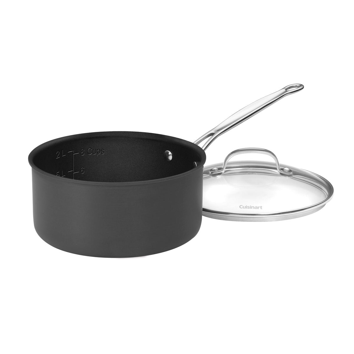 Three-quarter view of black Chef’s Classic Non-Stick 3 Quart Saucepan with measurement markings and glass lid on white