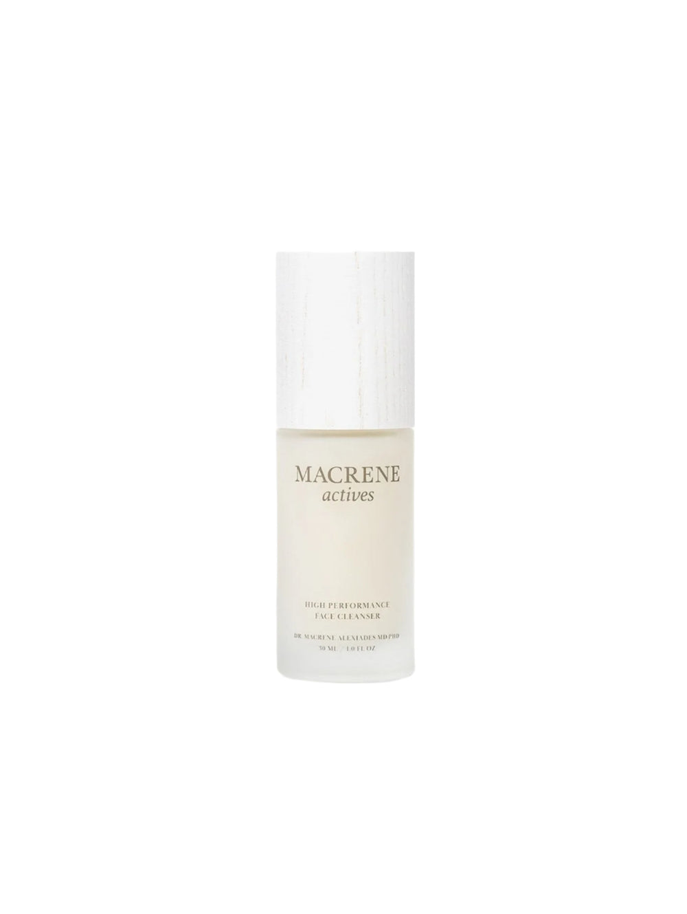 Front view of Macrene Actives High Performance Face Cleanser 1.0 fl oz bottle with white wood-texture cap on white background