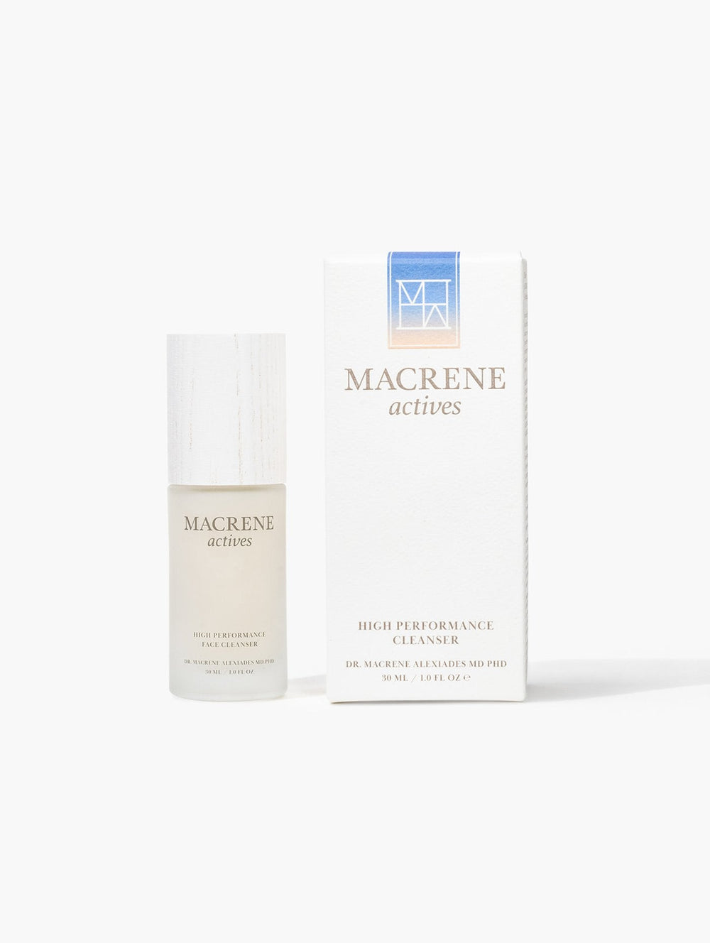 Front view of Macrene Actives High Performance Cleanser bottle and box, frosted glass bottle with wood cap on white background