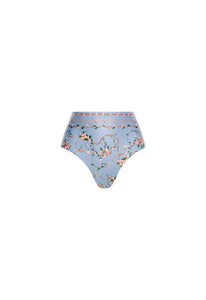 Front view of Magenta Navegante Bikini Bottom showcasing high-rise waist and floral print against a white background