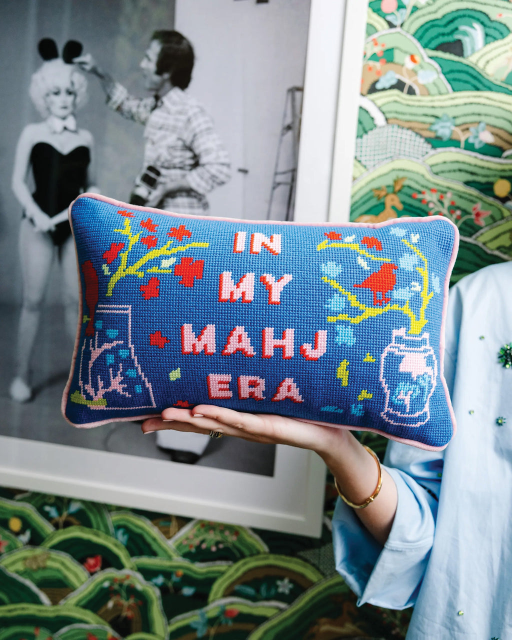 In My Mahj Era Needlepoint Pillow - held