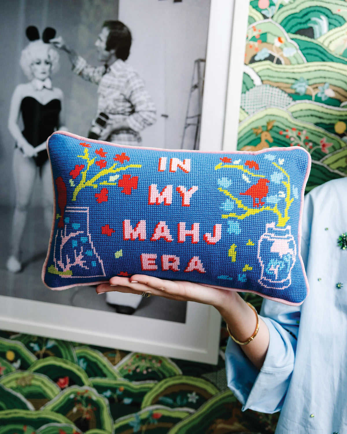 In My Mahj Era Needlepoint Pillow - held
