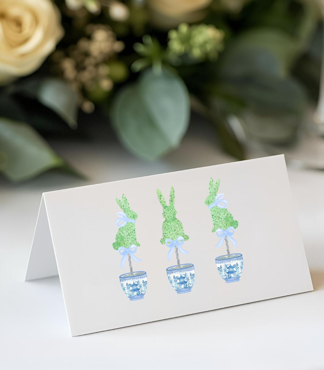 Place card with bunny topiary in ginger jar
