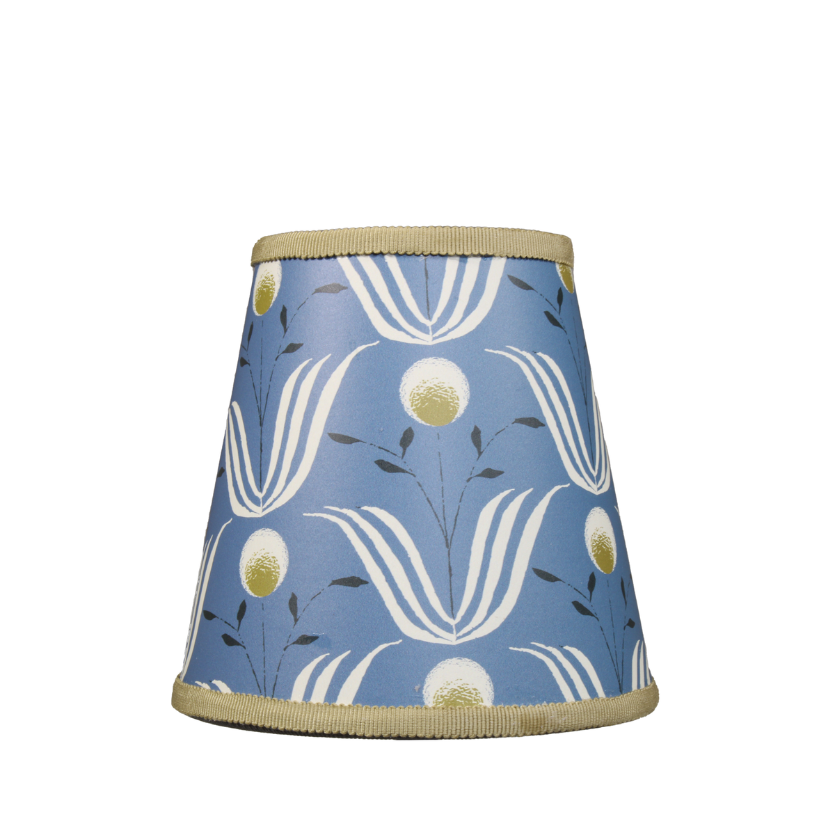 Front view of Mitchell Black Spring Bloom lampshade in Blue Salt showcasing blue floral pattern, gold centers, and beige trim