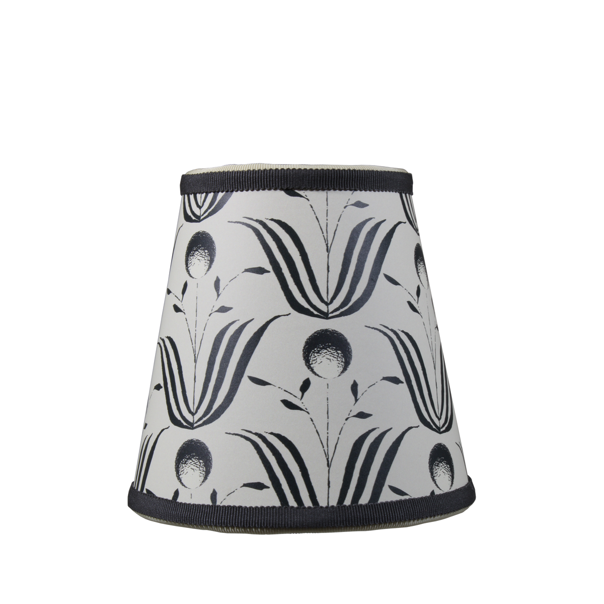 Front view of Mitchell Black Spring Bloom lampshade showing black floral pattern on shell white parchment with black trim