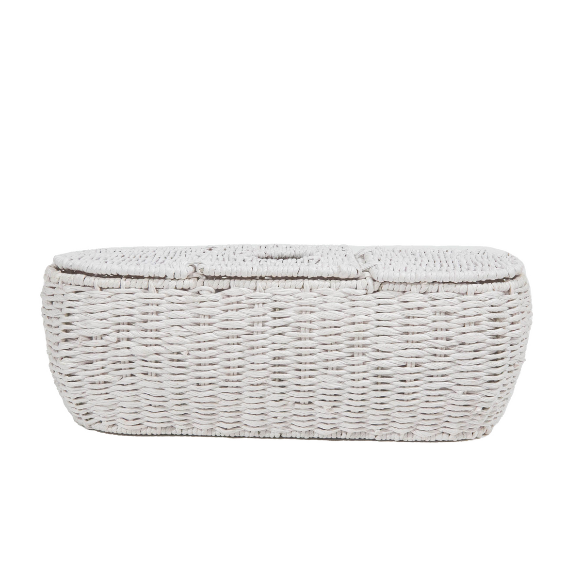 Front view of 3-part tissue basket in white twisted rope showcasing three compartments and woven texture on white background