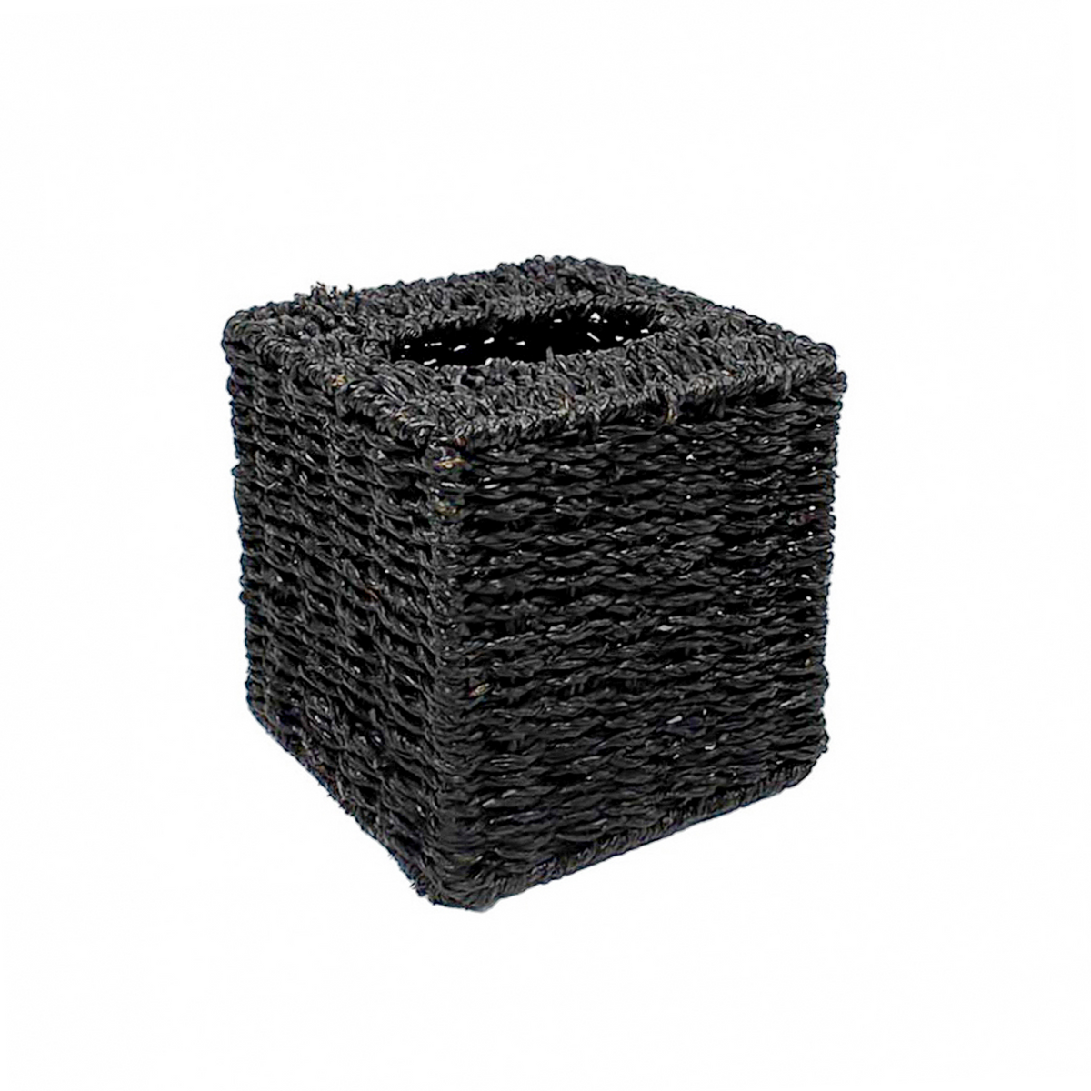Front three-quarter view of Tissue Cube in black handwoven seagrass showcasing braided texture and top opening on white background