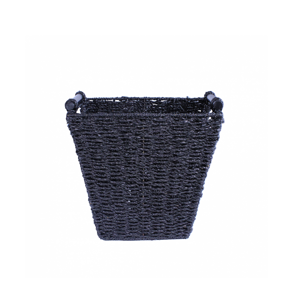 Front view of black handwoven rattan wastepaper basket showcasing tapered square shape and wooden top handles on white background