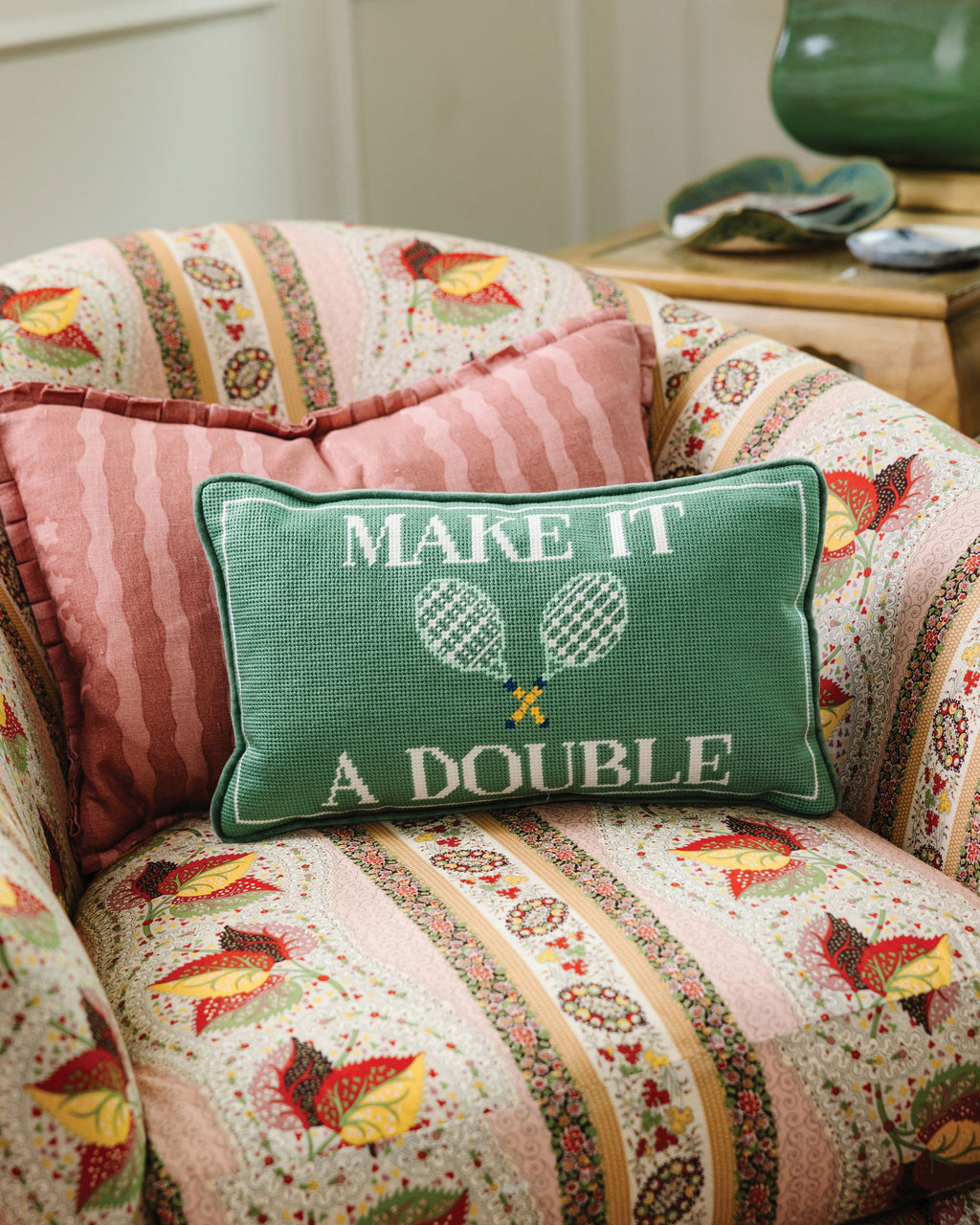 Make It A Double Needlepoint Pillow - styled on chair