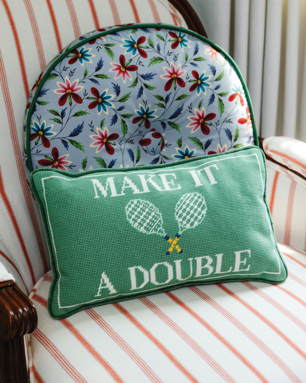 Make It A Double Needlepoint Pillow - styled on chair