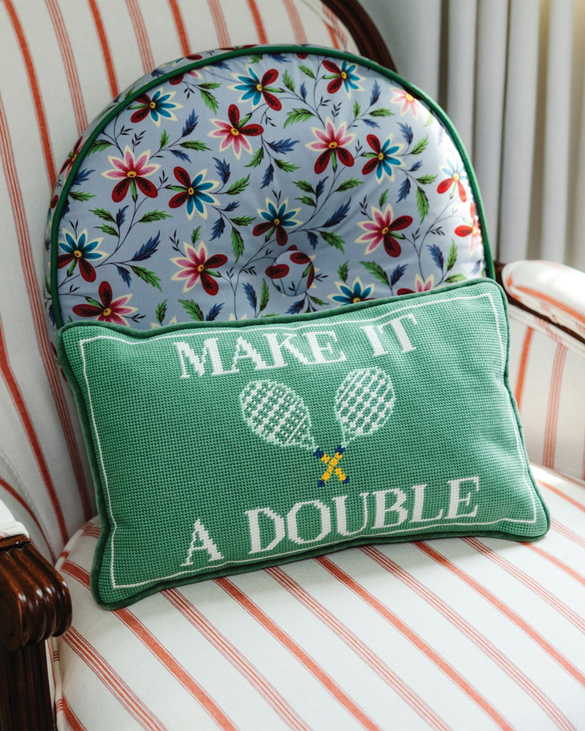 Make It A Double Needlepoint Pillow - styled on chair