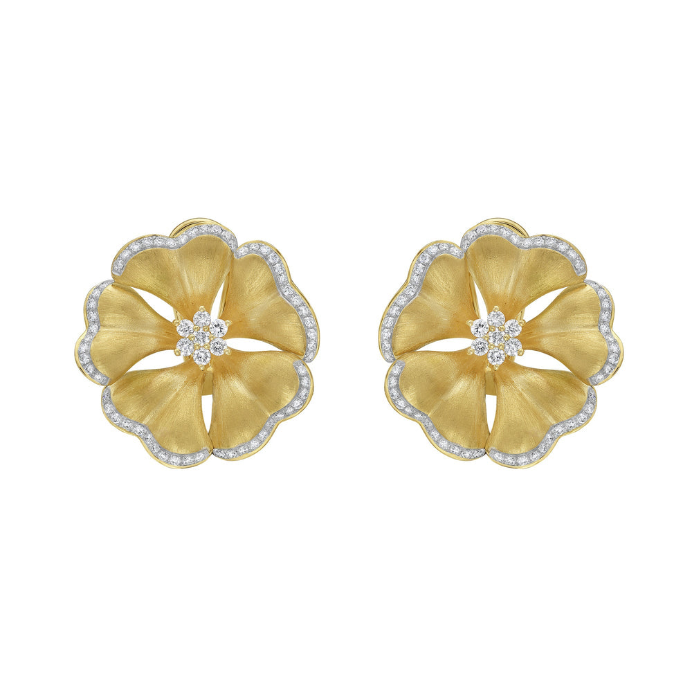 Front view of Marigold Diamond Flower stud earrings in 18K yellow gold with pave diamond edges and diamond cluster centers