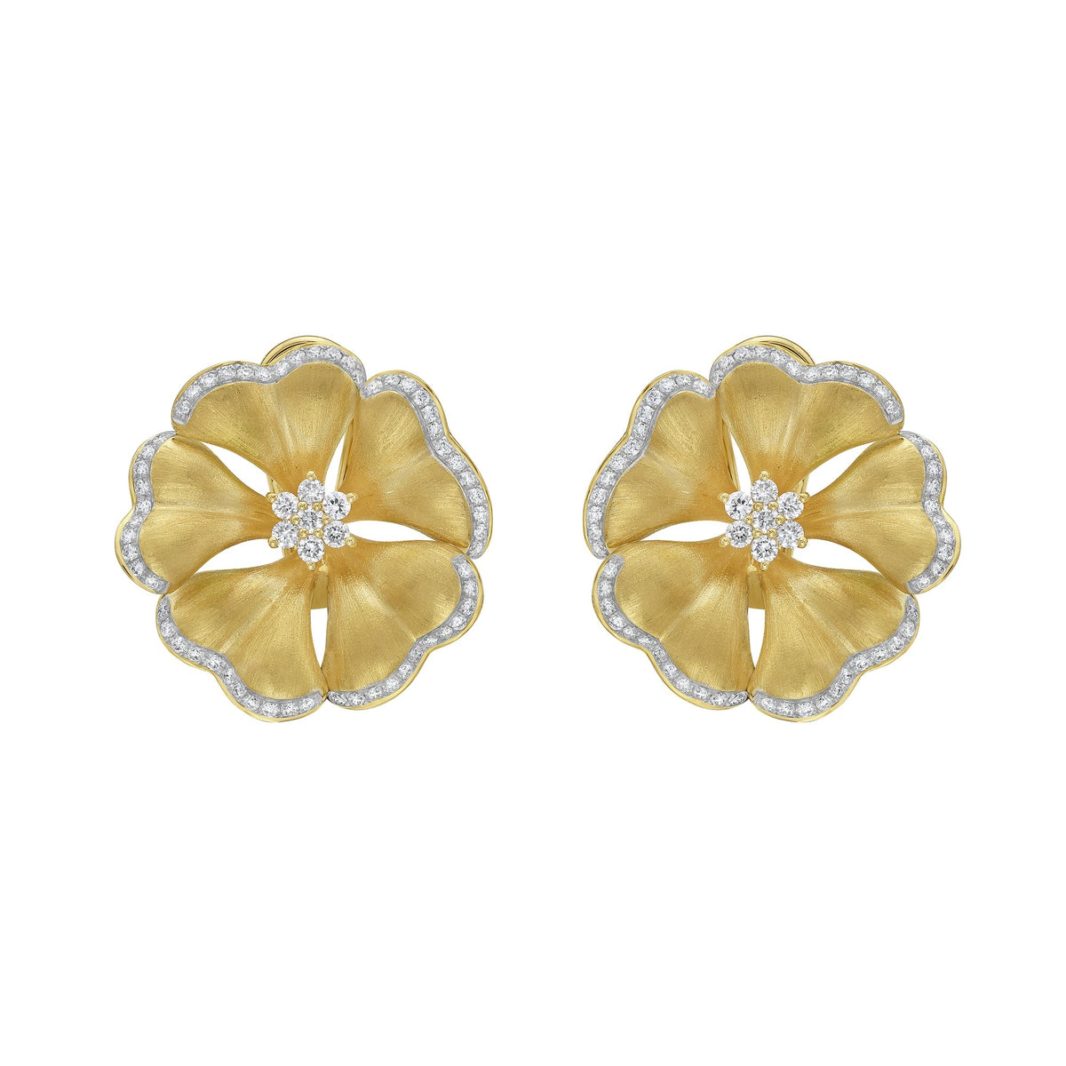 Front view of Marigold Diamond Flower stud earrings in 18K yellow gold with pave diamond edges and diamond cluster centers