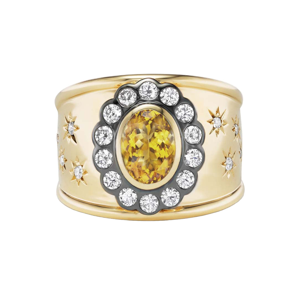Front view of Lexi Cigar Band ring showing oval citrine with diamond halo on 14K yellow gold band on white background