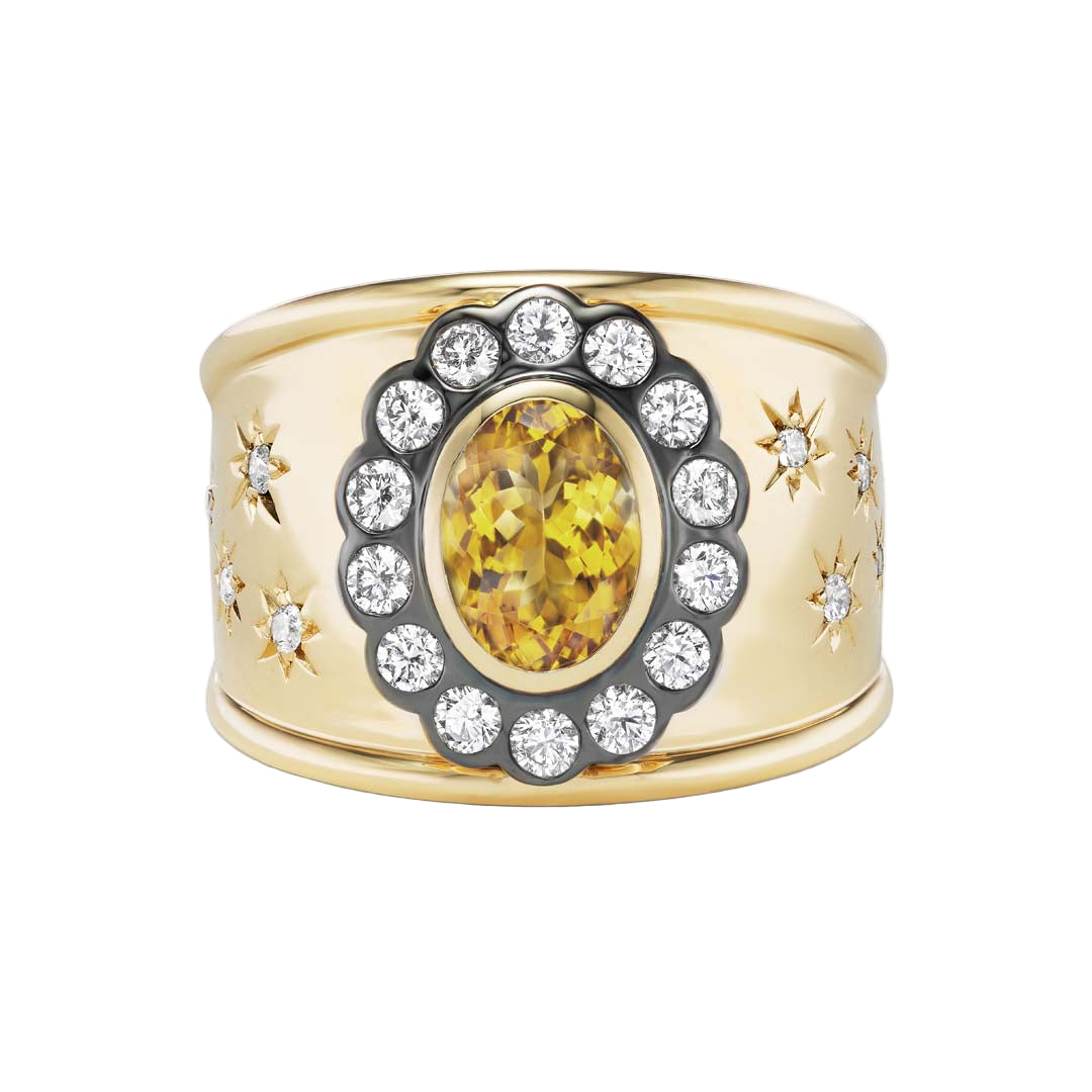 Front view of Lexi Cigar Band ring showing oval citrine with diamond halo on 14K yellow gold band on white background