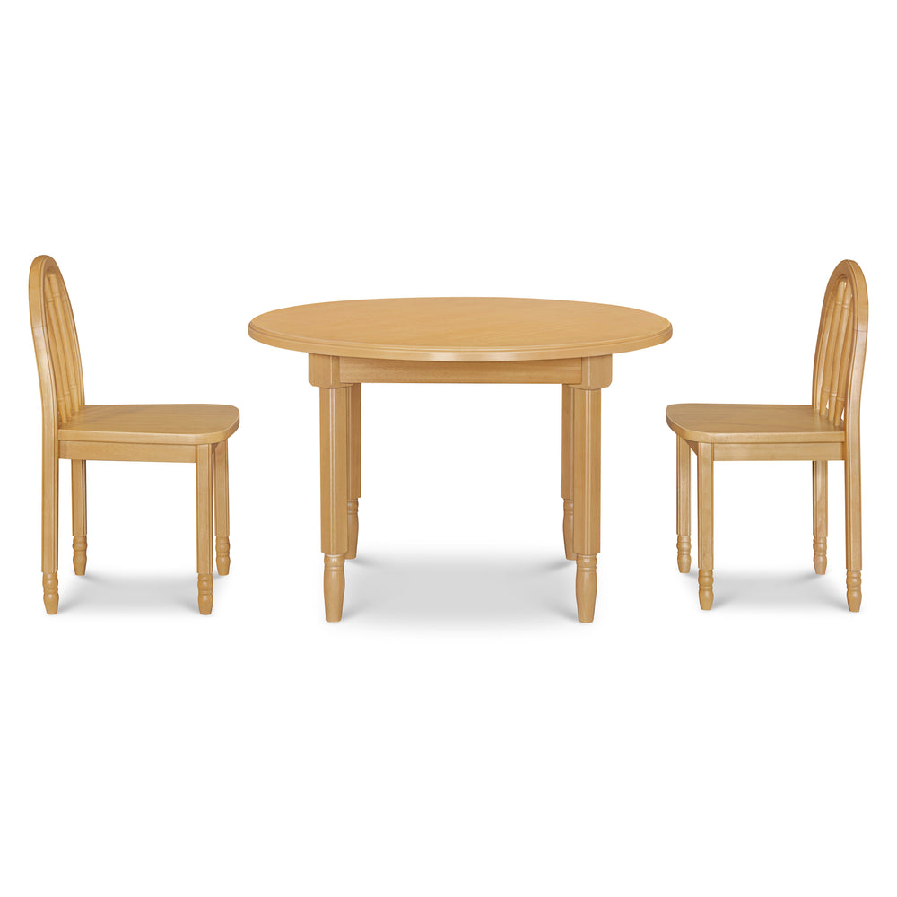 Front view of Liberty Play Table and Spindle Chairs Set in Honey with round table and spindle back chairs on white background