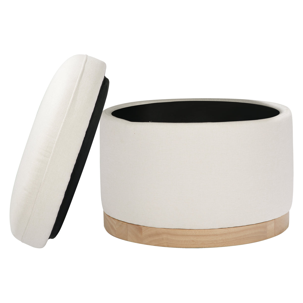 Angled view of Naka Storage Ottoman showcasing open concealed storage, cream Eco-Weave upholstery, and light wood base
