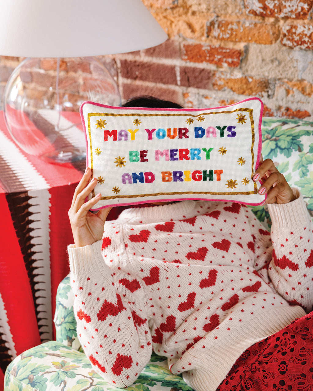 Merry & Bright Needlepoint Pillow - held