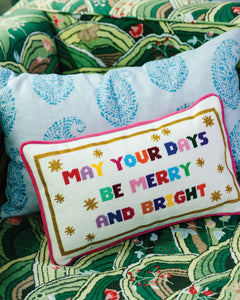 Merry & Bright Needlepoint Pillow - styled on sofa