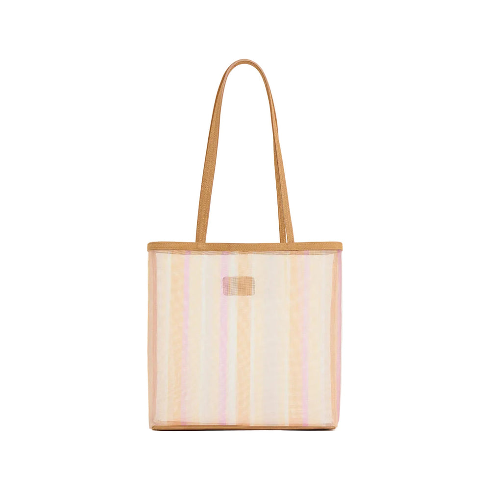 Front view of Mesh Filo Tote in Sunset showcasing translucent striped mesh, suede trim, and long shoulder straps on white