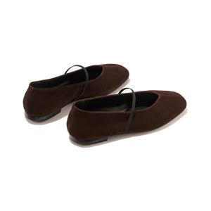 The Phoebe - Espresso Suede by margaux-development are dark brown suede Mary Jane flats featuring thin black straps, black soles, a square toe, and sacchetto construction for extra comfort, shown against a light background.