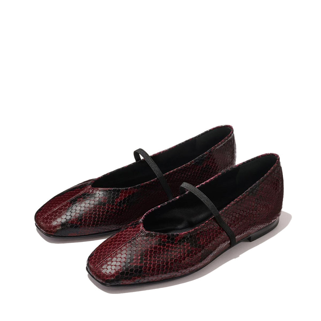 The Phoebe - Burgundy Python Embossed by margaux-development are burgundy and black snakeskin-textured ballet flats with square toes, thin black straps, and soft sacchetto construction for ultimate comfort.