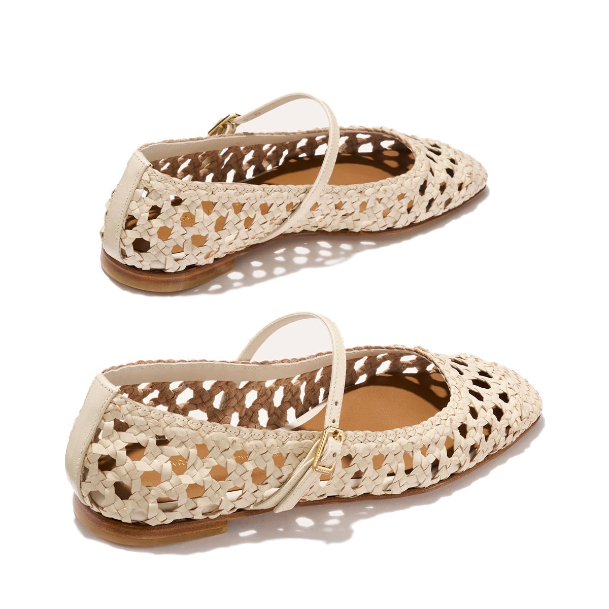 The Fonteyn Jane - Ecru Woven Leather by Margaux: cream-colored handwoven leather flats with pointed toes, cutout design, adjustable buckled ankle strap, low brown sole, and a light airy look.