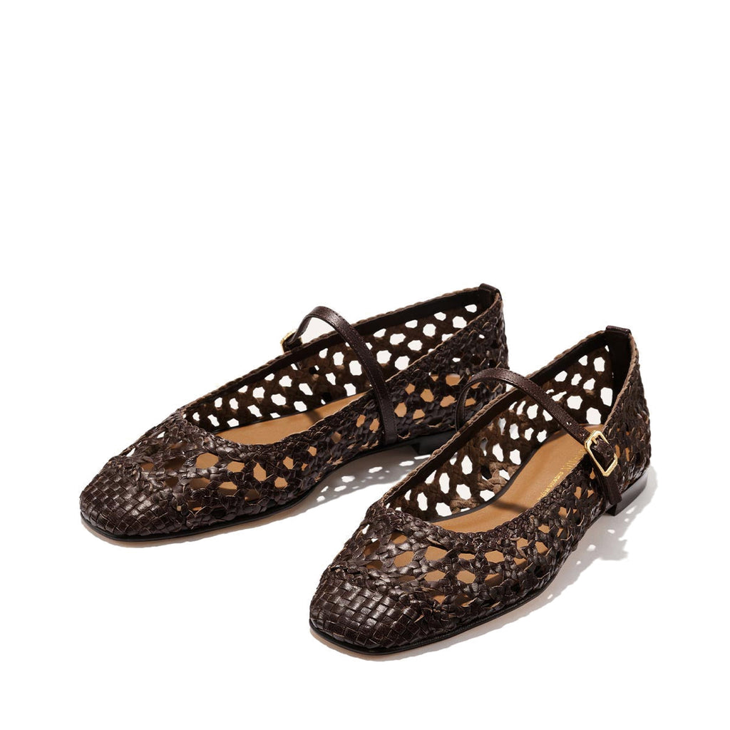 The Fonteyn Jane - Espresso Woven Leather flats by Margaux feature handwoven brown leather, cut-out details, and an adjustable strap, shown on a light background.