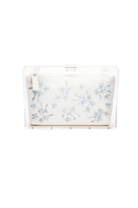 Transparent Mia Acrylic Clutch with Ivory Pouch Blue Flowers from The Bella Rosa Collection.