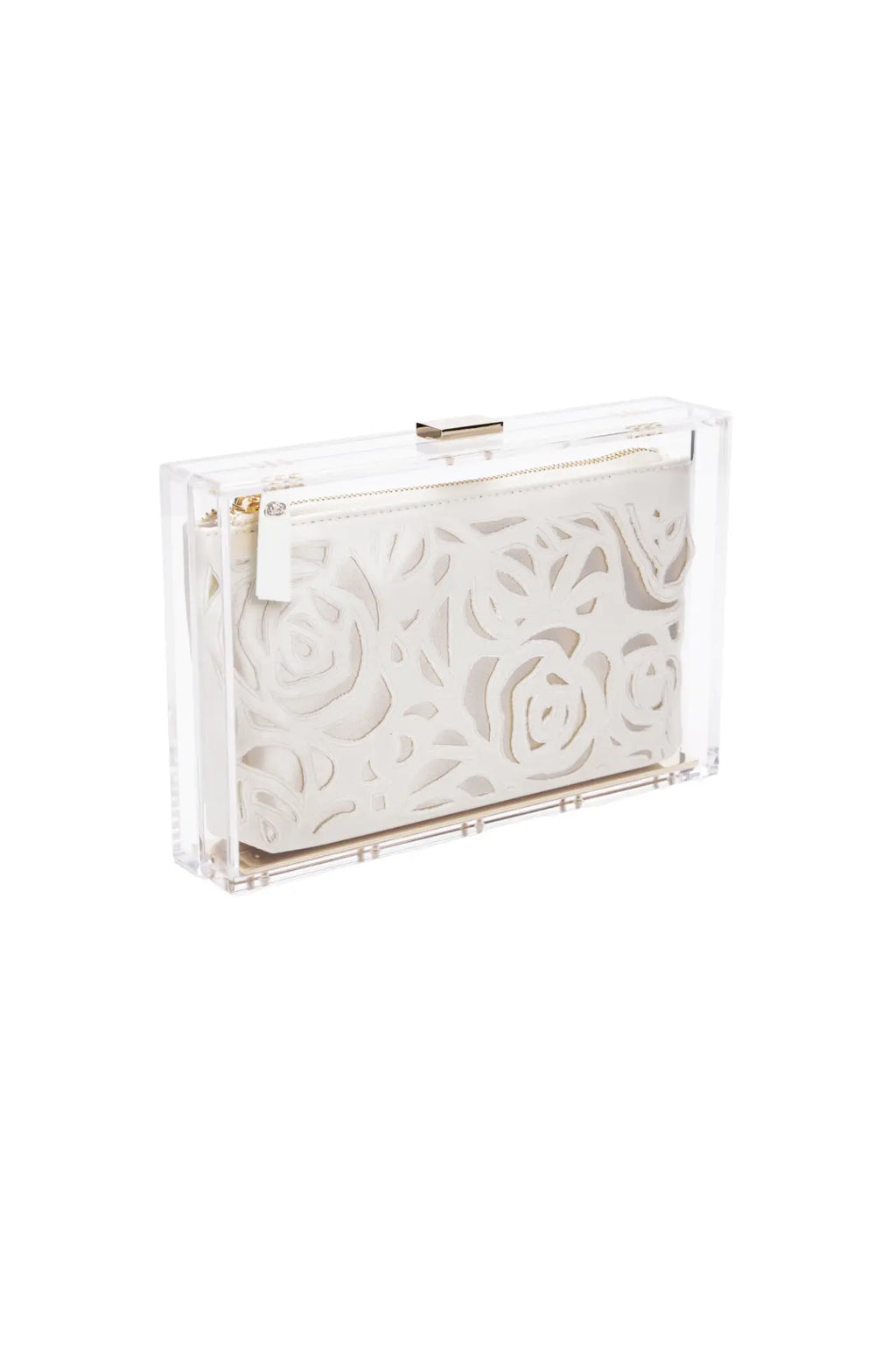 Clear Italian Mia Acrylic Clutch with Ivory Laser Cut Rose, from The Bella Rosa Collection.
