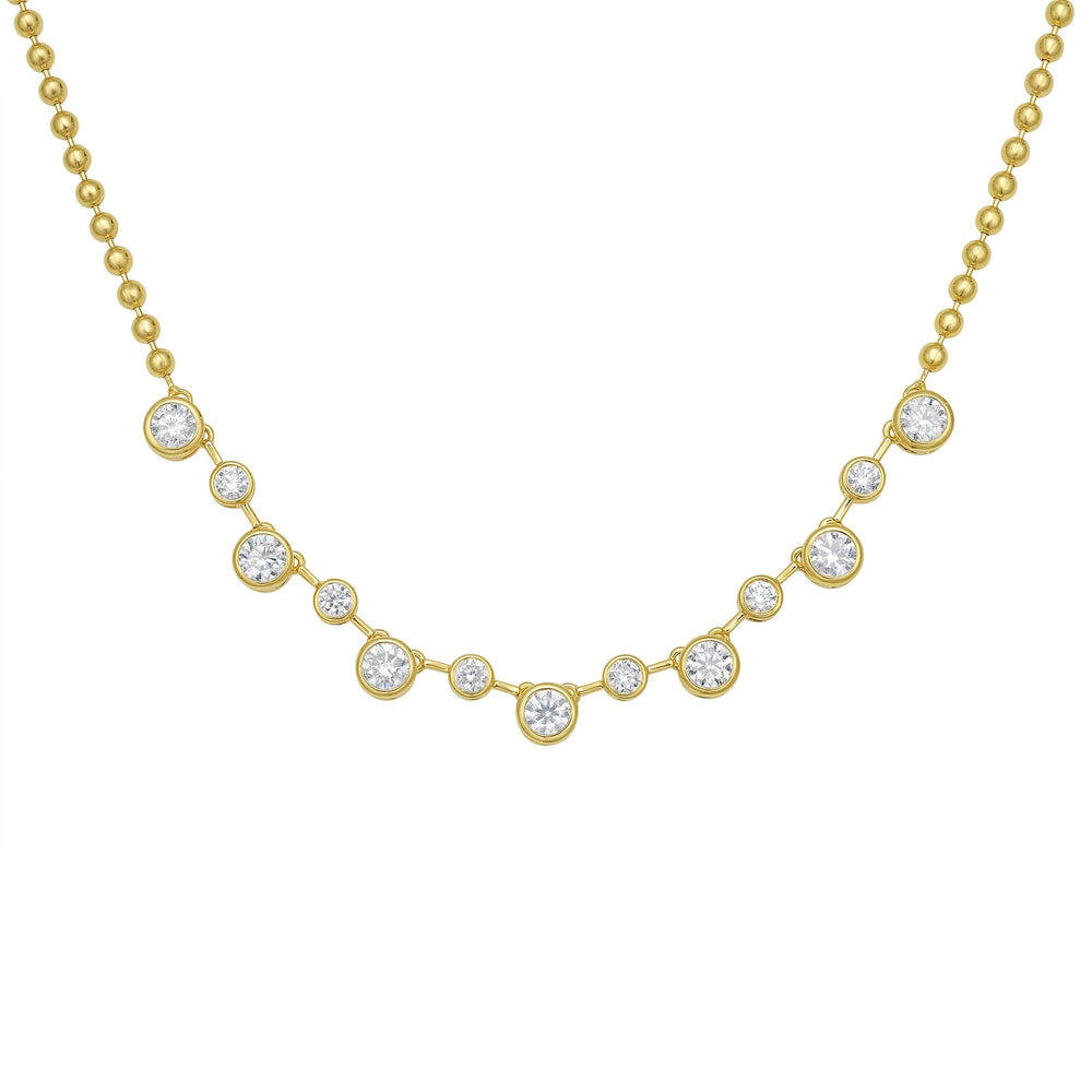 Front view of Mia Diamond Necklace showing bezel-set round diamonds in a graduated fringe and 18K yellow gold beaded chain on white background