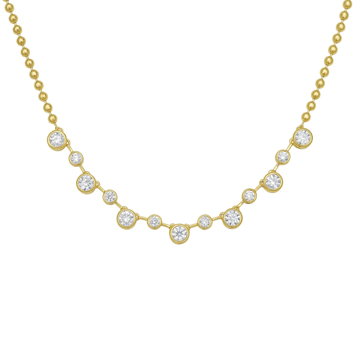 Front view of Mia Diamond Necklace showing bezel-set round diamonds in a graduated fringe and 18K yellow gold beaded chain on white background