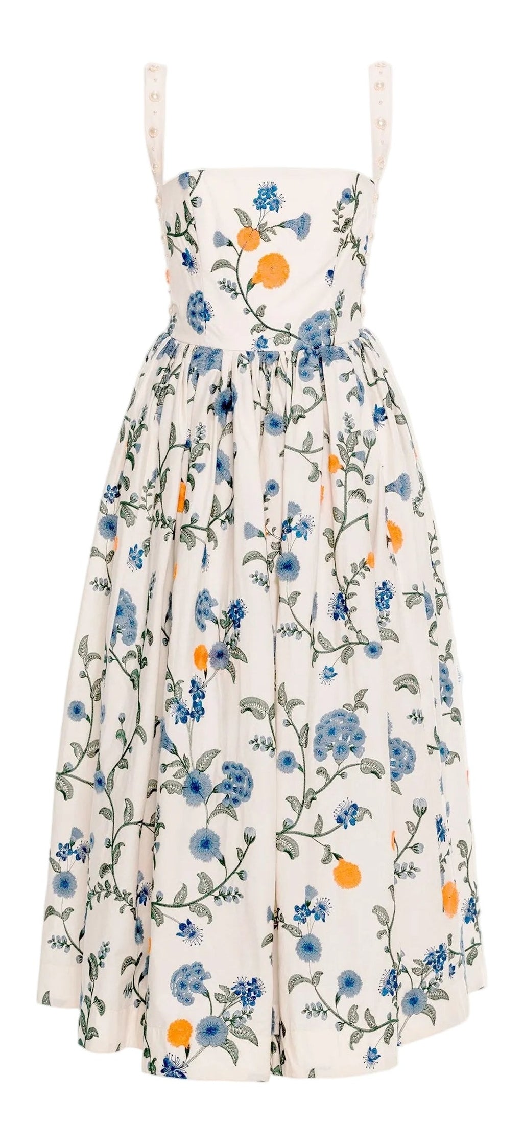 Front view of the Mielero Midi Brisa Midi Dress showcasing floral embroidery, pearl accented straps, and softly flared pleated skirt on white background