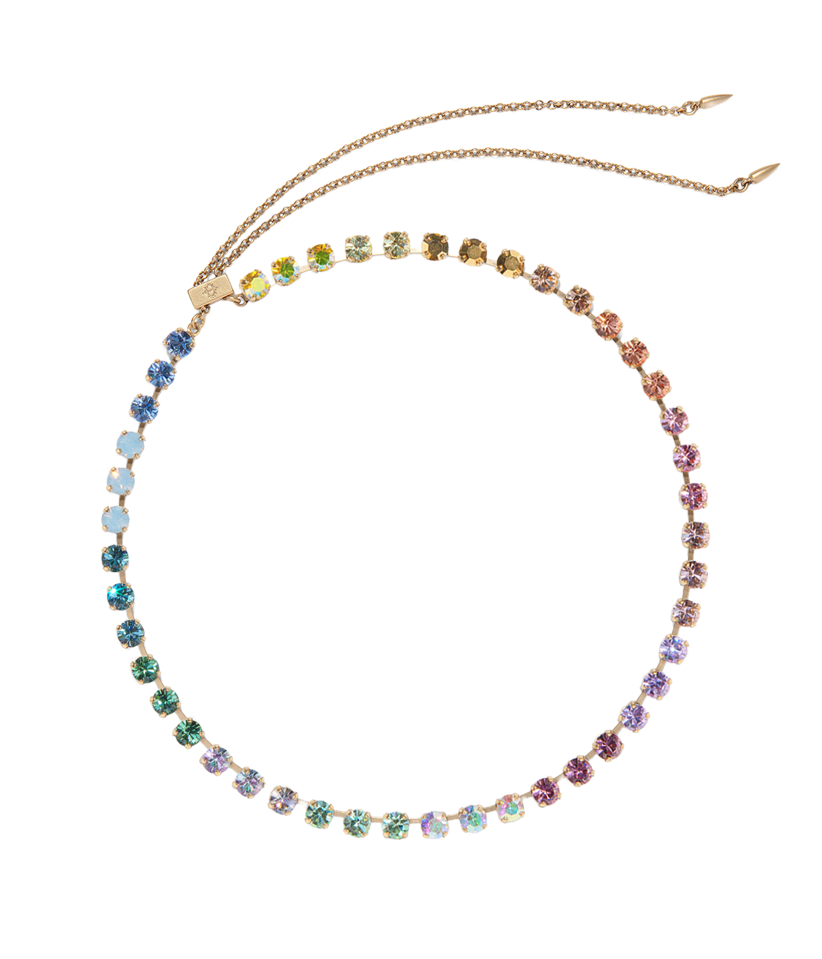 Front view of Milly Slider Necklace in Daydreamer Ombré showcasing hand-set pastel ombré glass crystals and slider clasp on white background
