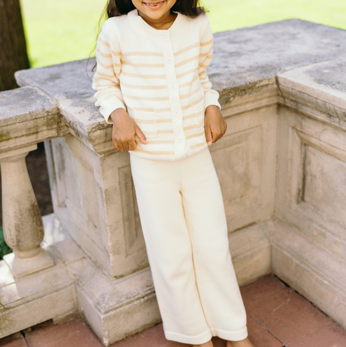 Unisex Cream and Tan Stripe Knit Cardigan