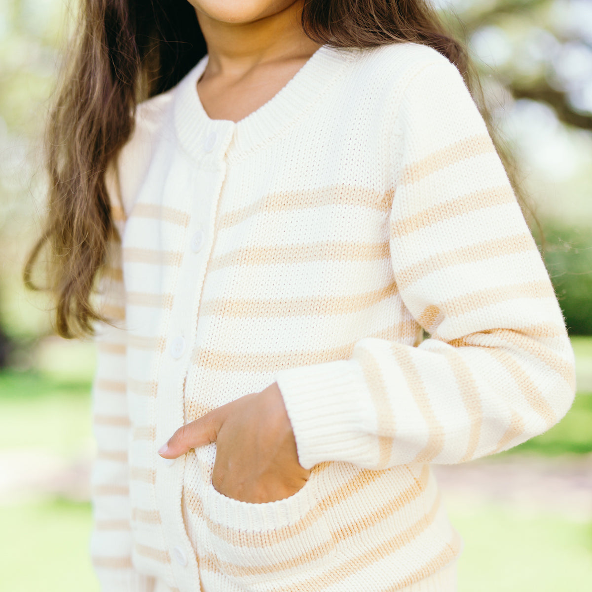 Unisex Cream and Tan Stripe Knit Cardigan