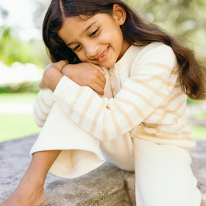 Unisex Cream and Tan Stripe Knit Cardigan