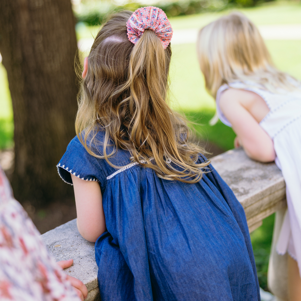 Girls’ Chambray Embroidered Cap Sleeve Dress