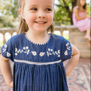 Girls’ Chambray Embroidered Cap Sleeve Dress