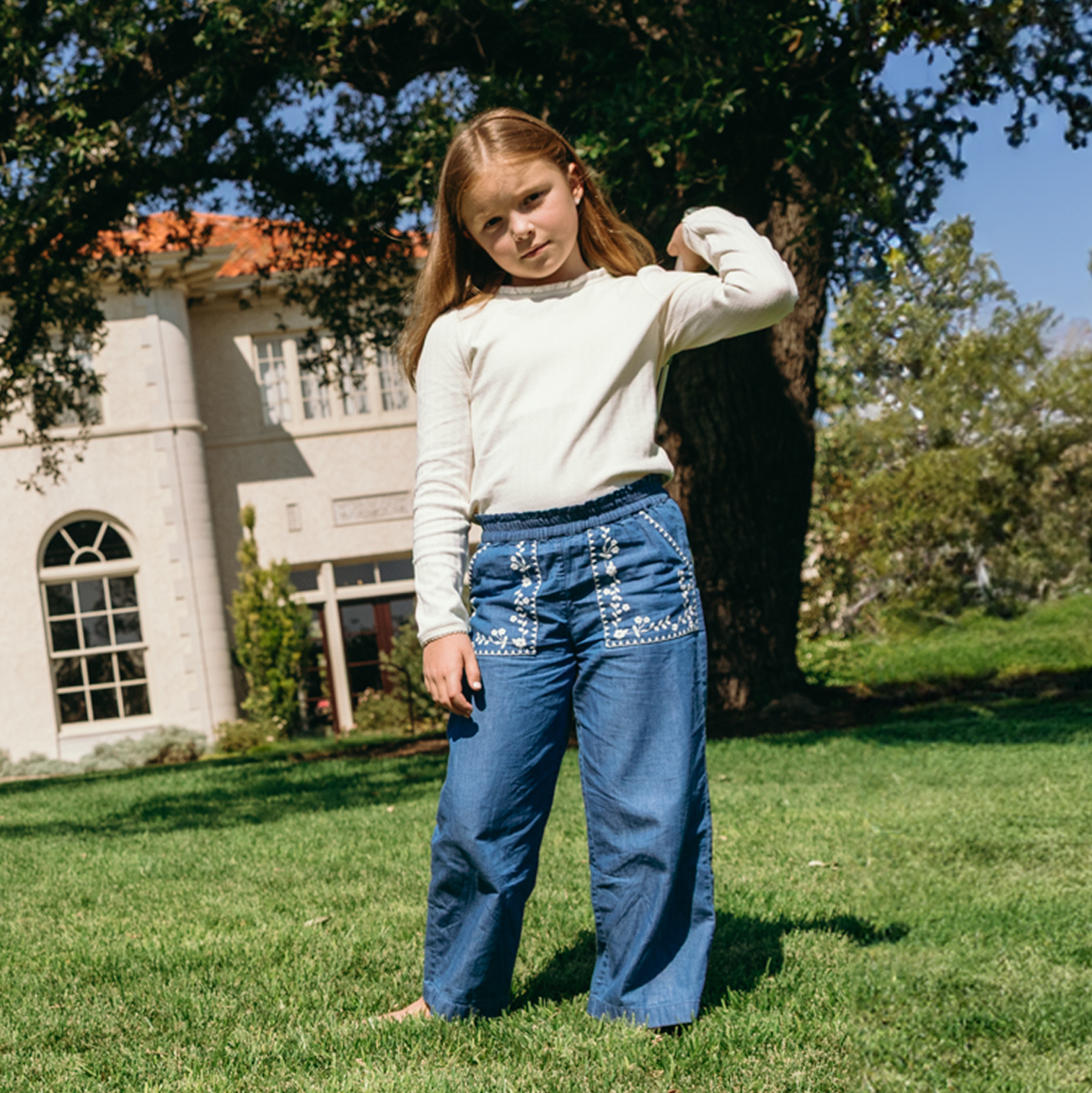 Girls’ Chambray Embroidered Pant