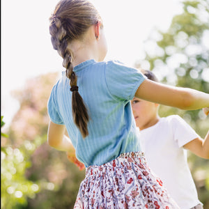 Girls’ Dusk Blue Ruffle Pointelle Puff Sleeve Shirt