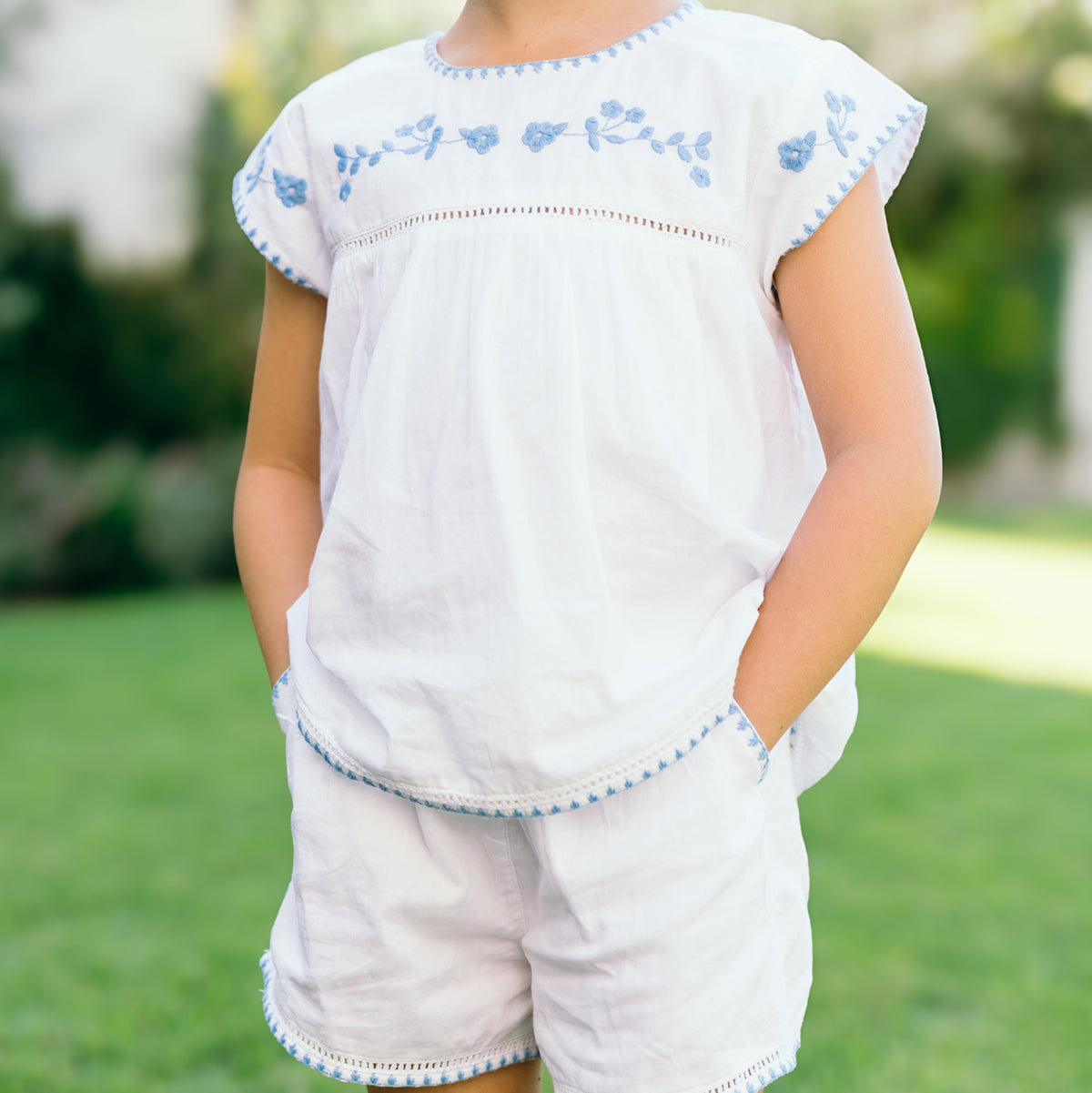 Girls’ White Embroidered Cap Sleeve Top and Short Set