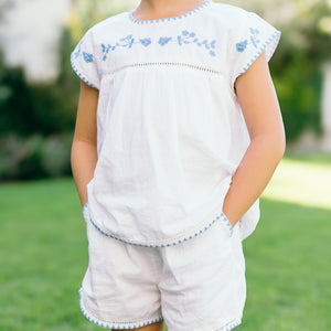 Girls’ White Embroidered Cap Sleeve Top and Short Set