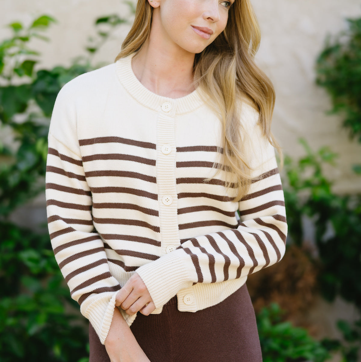 Women’s Cream and Brown Stripe Cropped Knit Cardigan
