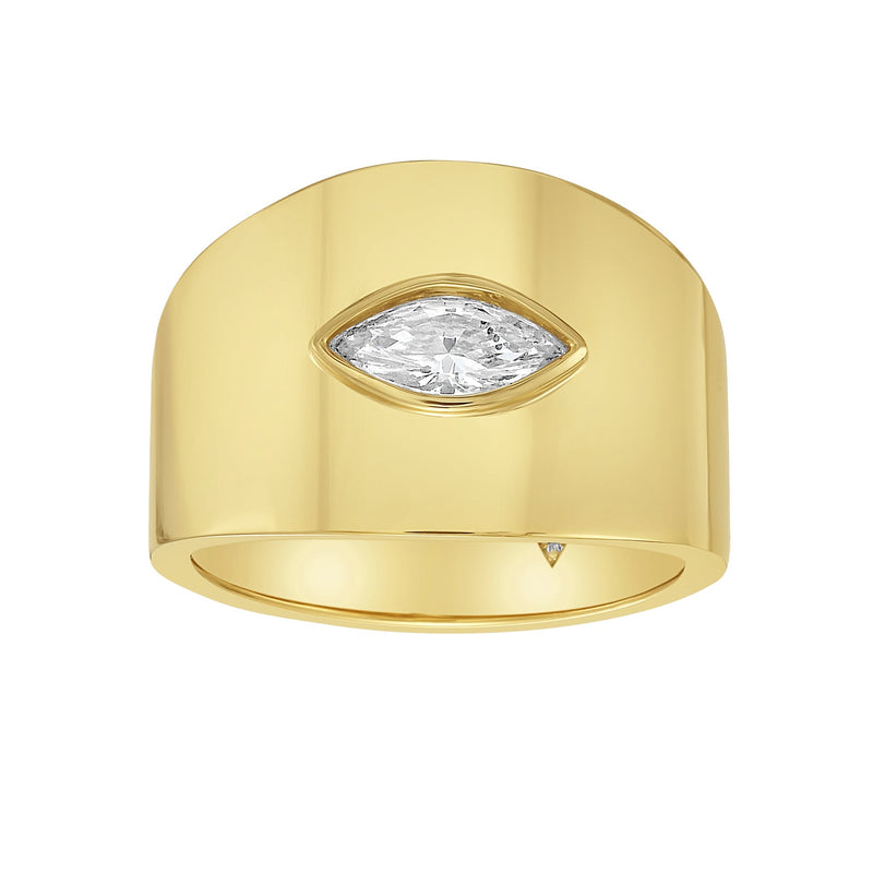 Front view of Mistral Diamond Band showcasing a marquise-cut diamond in polished 18K yellow gold with a white background