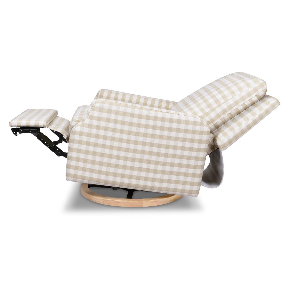 Crewe Electronic Recliner and Swivel Glider in Tan Gingham with Light Wood Base