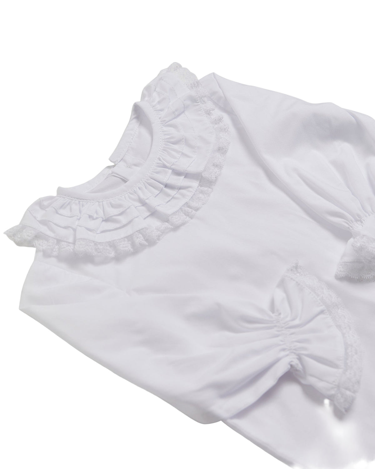 White blouse with ruffled details on a white background