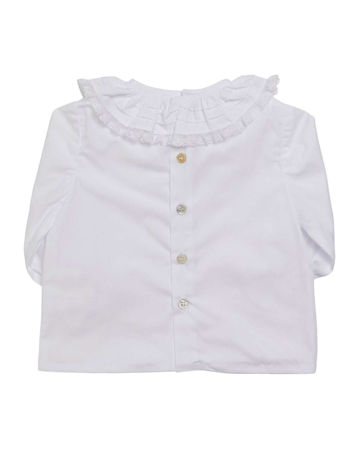 Folded light blue shirt with ruffled collar on a white background