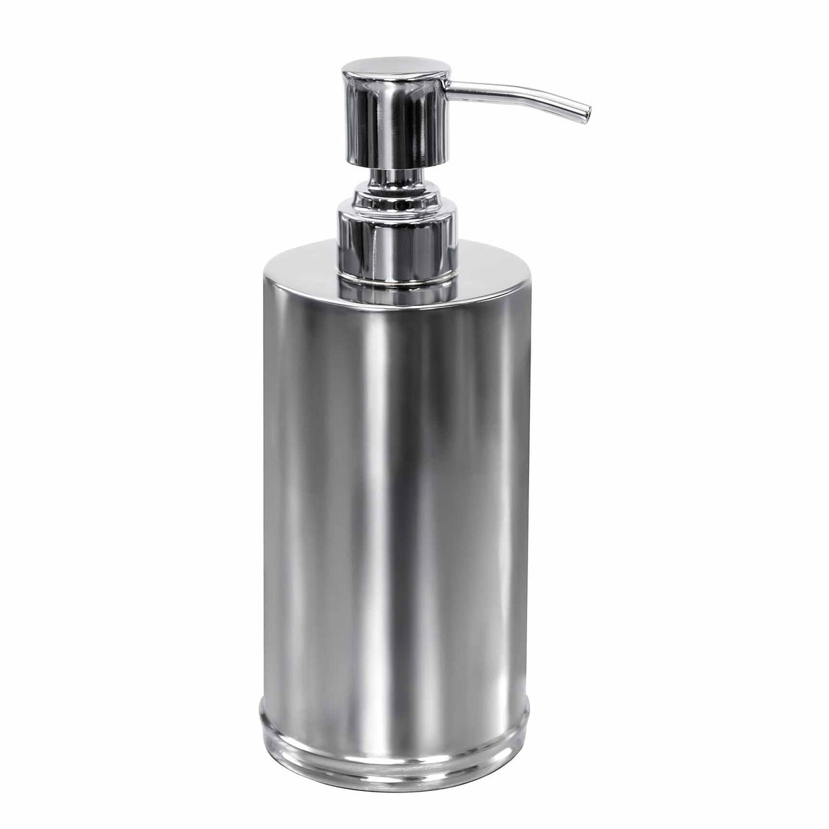 Front view of Mulberry lotion dispenser showing polished silver stainless steel finish and pump on white background