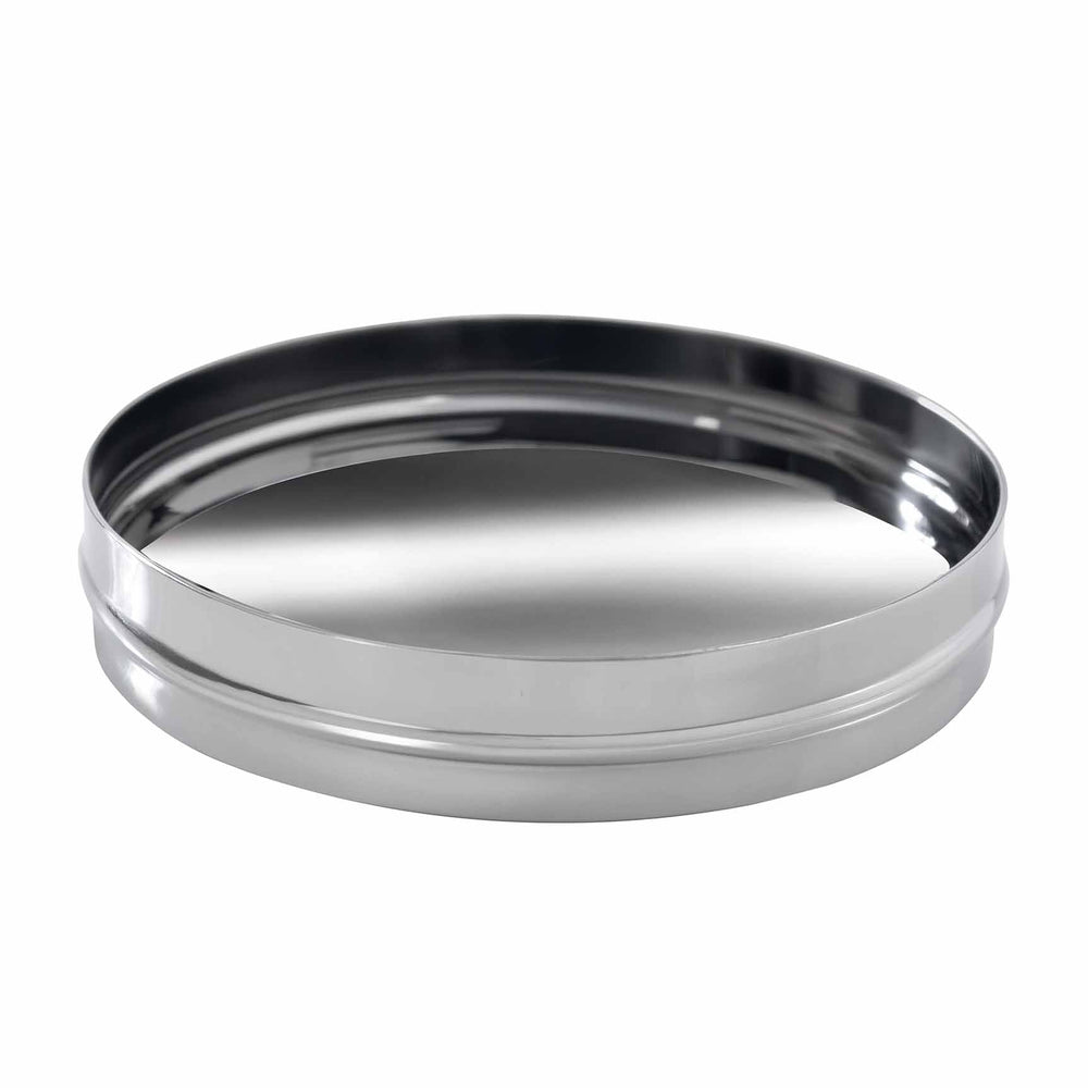 Angled top view of Mulberry soap dish showcasing polished silver stainless steel finish and debossed trim with white background